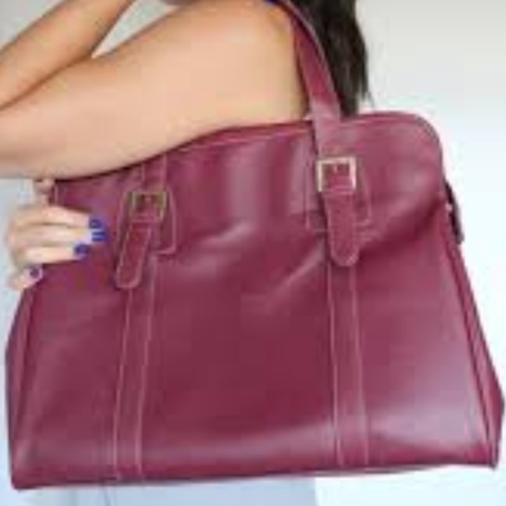 Estee Lauder Berry Red Buckle Strap Faux Leather Burgundy Shoulder Purse Bag